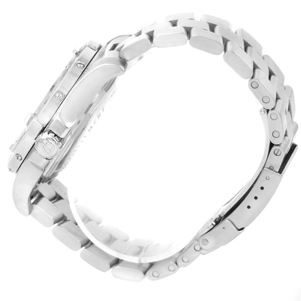 The image shows a side view of the Breitling Superocean A17390 Men's Stainless Steel Silver Dial A17390 Men's Stainless Steel Silver Dial watch, focusing on the case, crown, and metal bracelet.