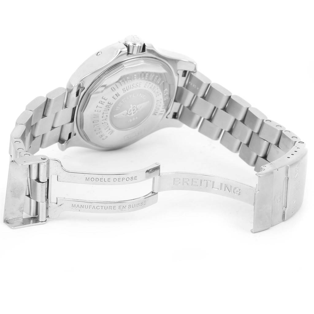 The image shows the back case and bracelet clasp of a Breitling Superocean A17390 Men's Stainless Steel Silver Dial A17390 Men's Stainless Steel Silver Dial watch from an angled side view.