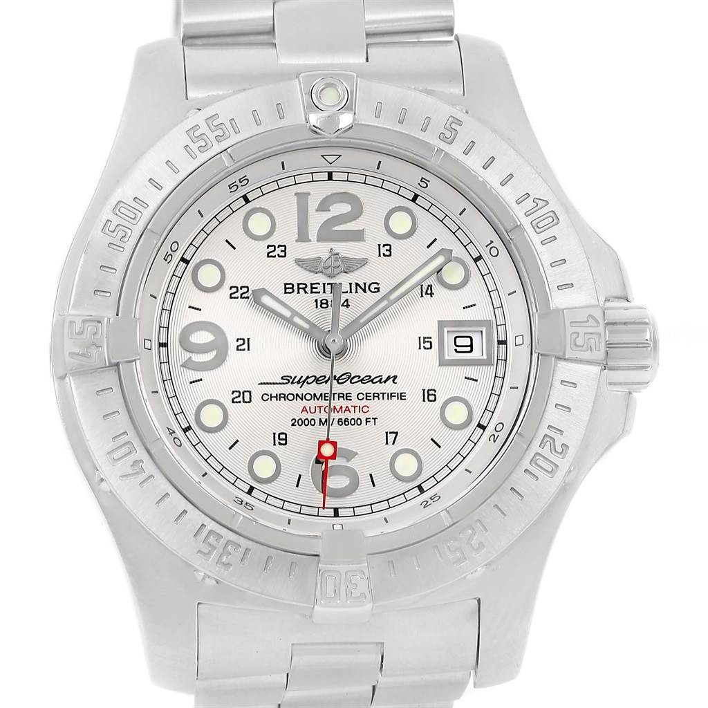 This image shows a frontal view of a Breitling Superocean A17390 Men's Stainless Steel Silver Dial A17390 Men's Stainless Steel Silver Dial watch, highlighting the dial, bezel, and bracelet.