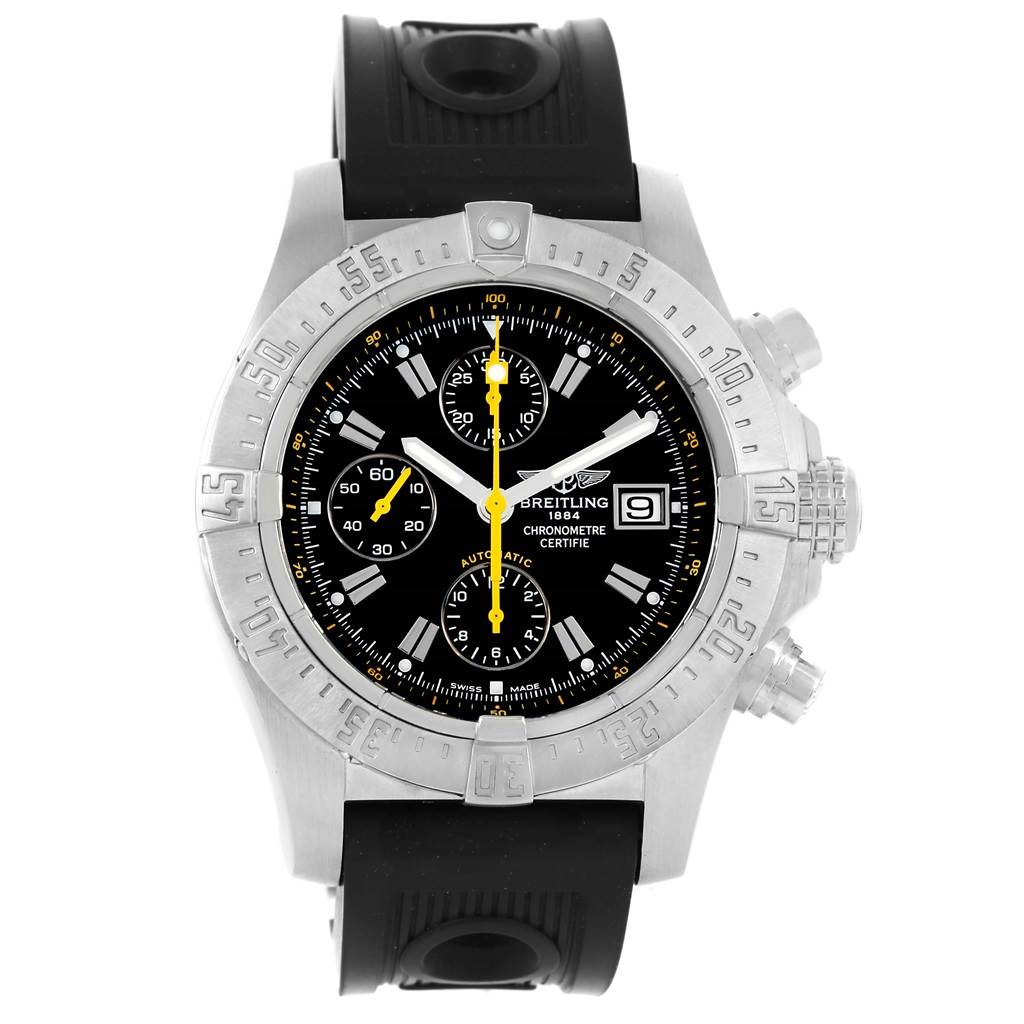 This image shows a front view of the Breitling Avenger A13381 Men's Stainless Steel Black Dial A13381 Men's Stainless Steel Black Dial watch, showcasing its black dial, bezel, chronograph sub-dials, and rubber strap.