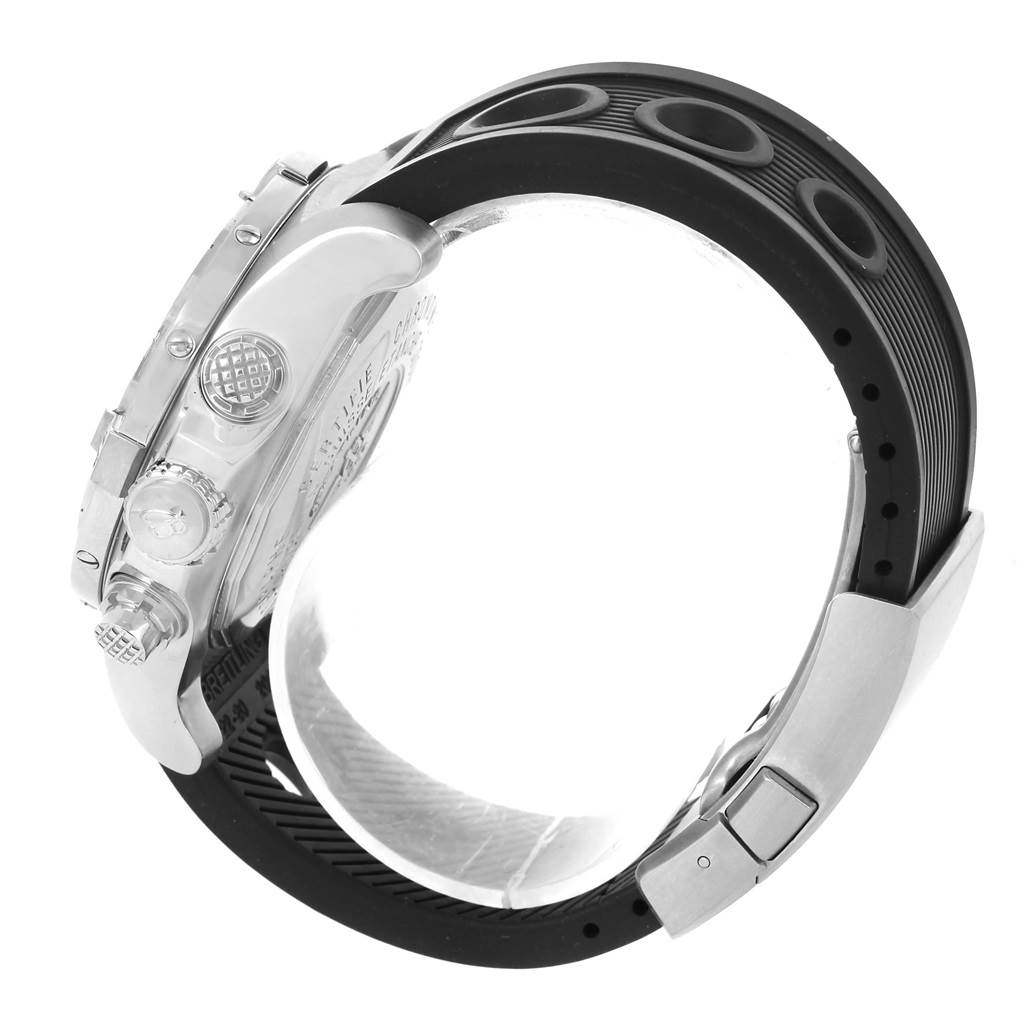 The image shows the side view of a Breitling Avenger A13381 Men's Stainless Steel Black Dial A13381 Men's Stainless Steel Black Dial watch, highlighting its case, crown, pushers, and rubber strap.