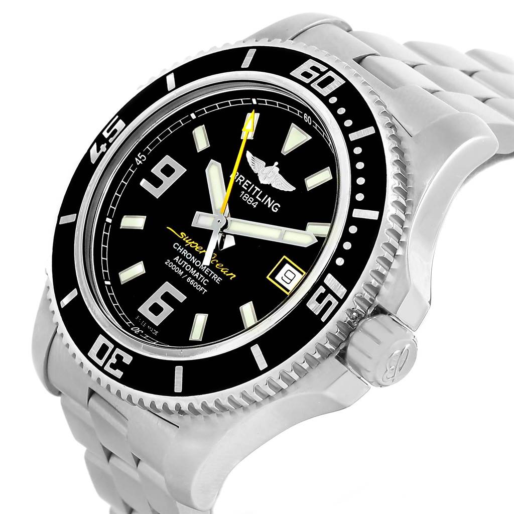 The image shows a Breitling Superocean A17391 Men's Stainless Steel Black Dial A17391 Men's Stainless Steel Black Dial watch at a slight side angle, highlighting the bezel, dial, and stainless steel bracelet.