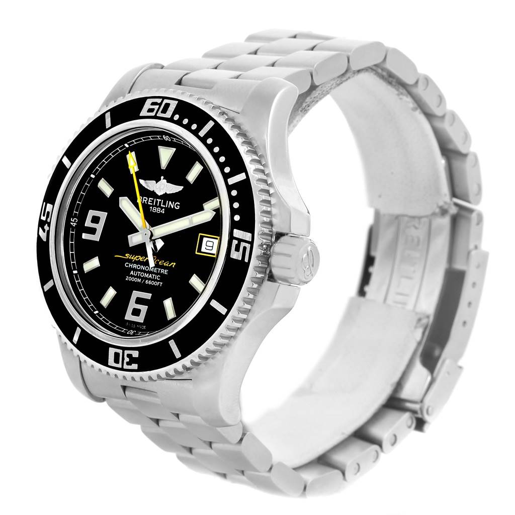 The image shows a side and partial front view of the Breitling Superocean A17391 Men's Stainless Steel Black Dial A17391 Men's Stainless Steel Black Dial watch, featuring its bezel, face, crown, and bracelet.