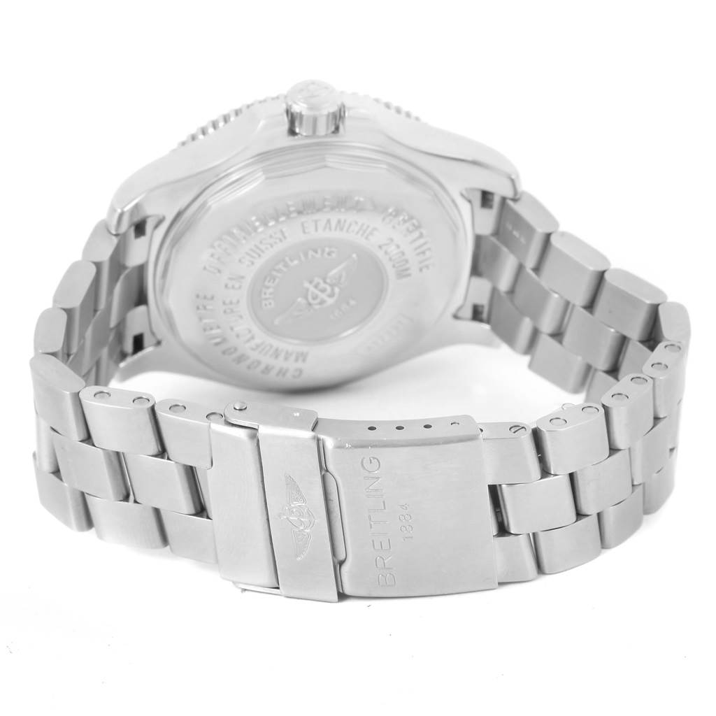 The image shows the back case and bracelet with the clasp of a Breitling Superocean A17391 Men's Stainless Steel Black Dial A17391 Men's Stainless Steel Black Dial watch at an angle.