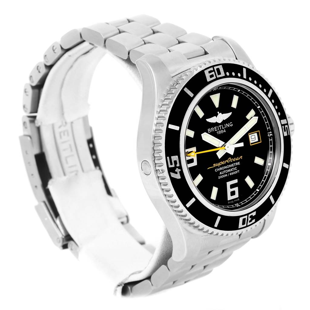 This Breitling Superocean A17391 Men's Stainless Steel Black Dial A17391 Men's Stainless Steel Black Dial watch is shown from a three-quarter angle, displaying the face, bezel, and part of the stainless steel bracelet.