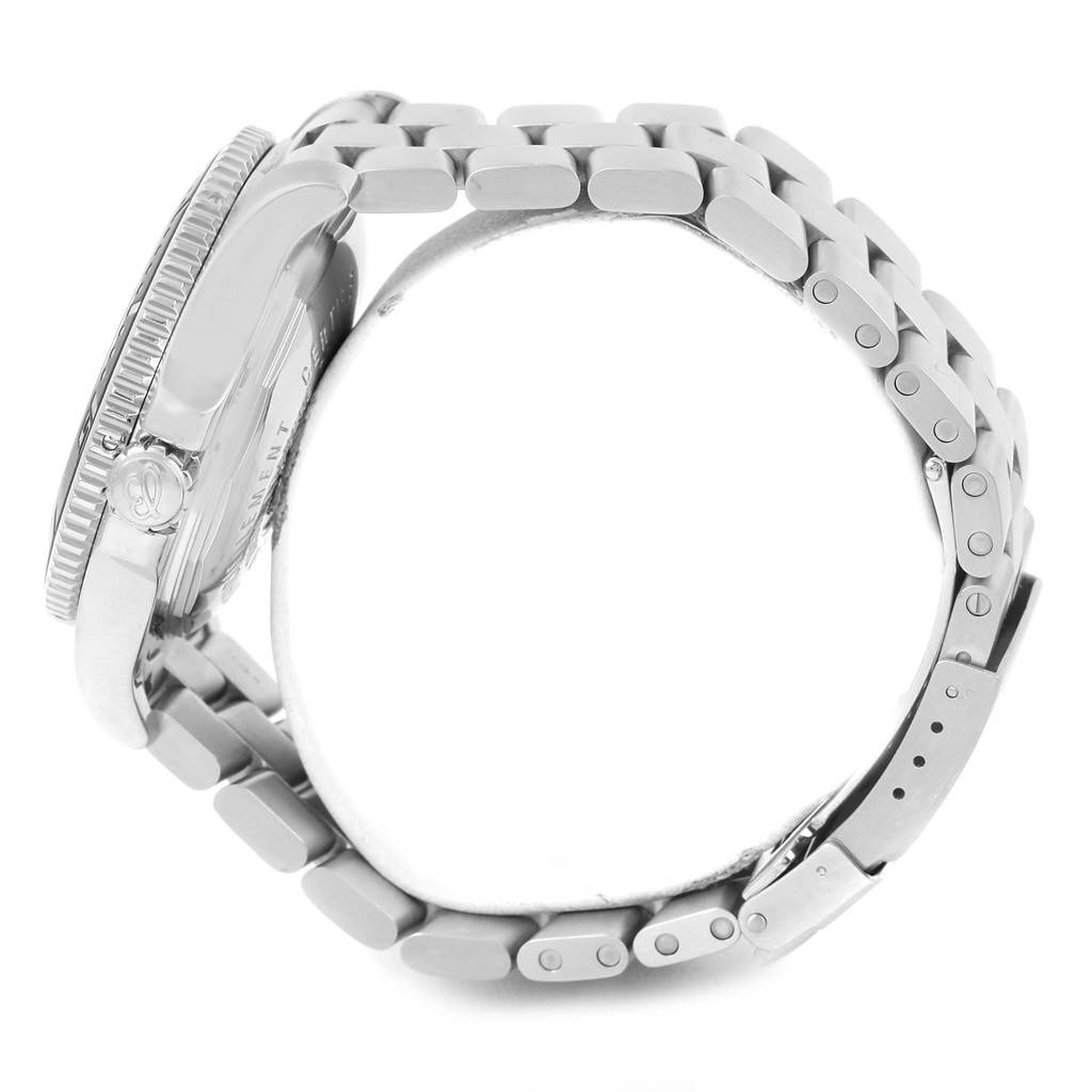 The side view of a Breitling Superocean A17391 Men's Stainless Steel Black Dial A17391 Men's Stainless Steel Black Dial watch shows the case and metal bracelet.