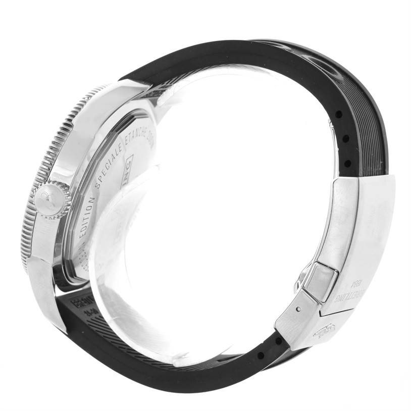 The image shows a side view of the Breitling Superocean A17320 Men's Stainless Steel Black Dial A17320 Men's Stainless Steel Black Dial watch, highlighting its crown, case back, and black strap with a clasp.