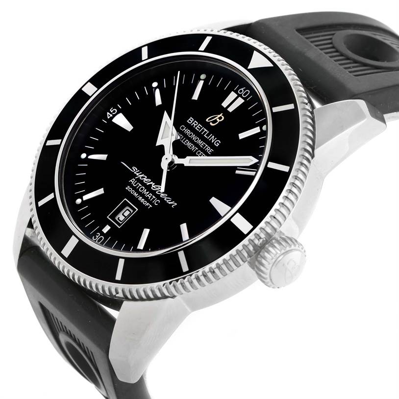The Breitling Superocean A17320 Men's Stainless Steel Black Dial A17320 Men's Stainless Steel Black Dial watch is shown at an angled side view, featuring its dial, bezel, crown, and black rubber strap.