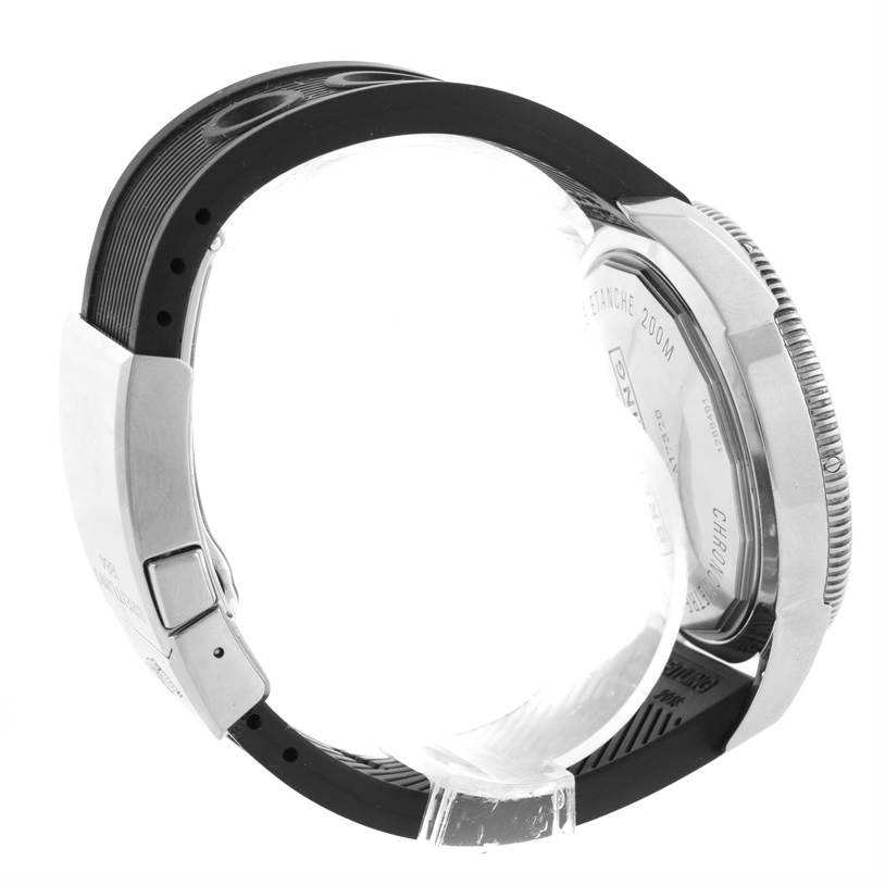 The image shows the side angle of a Breitling Superocean A17320 Men's Stainless Steel Black Dial A17320 Men's Stainless Steel Black Dial watch, highlighting its case back, clasp, and strap.