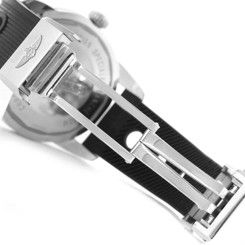 The image shows the backside of a Breitling Superocean A17320 Men's Stainless Steel Black Dial A17320 Men's Stainless Steel Black Dial watch, focusing on the clasp and part of the rubber strap.