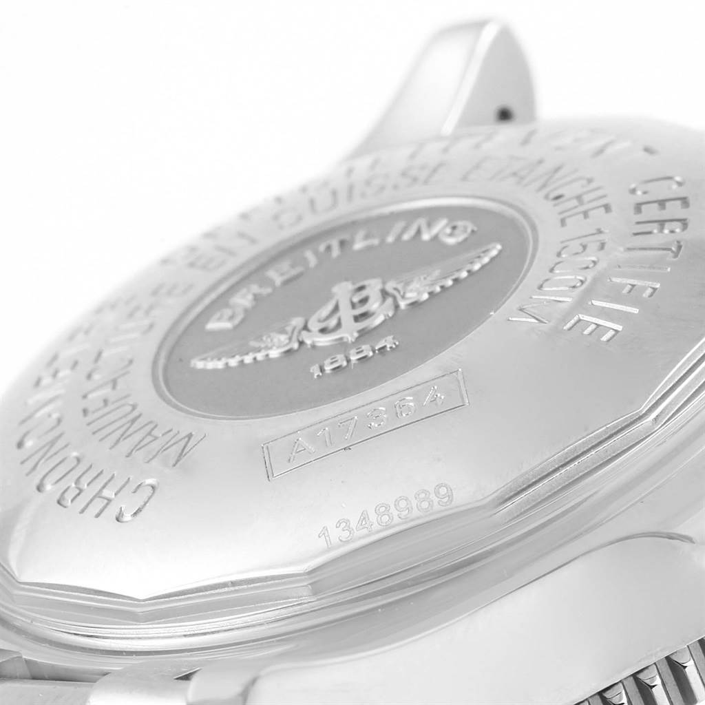 The image shows the engraved case back of a Breitling Superocean A17364 Men's Stainless Steel Black Dial A17364 Men's Stainless Steel Black Dial watch at a close-up angle.