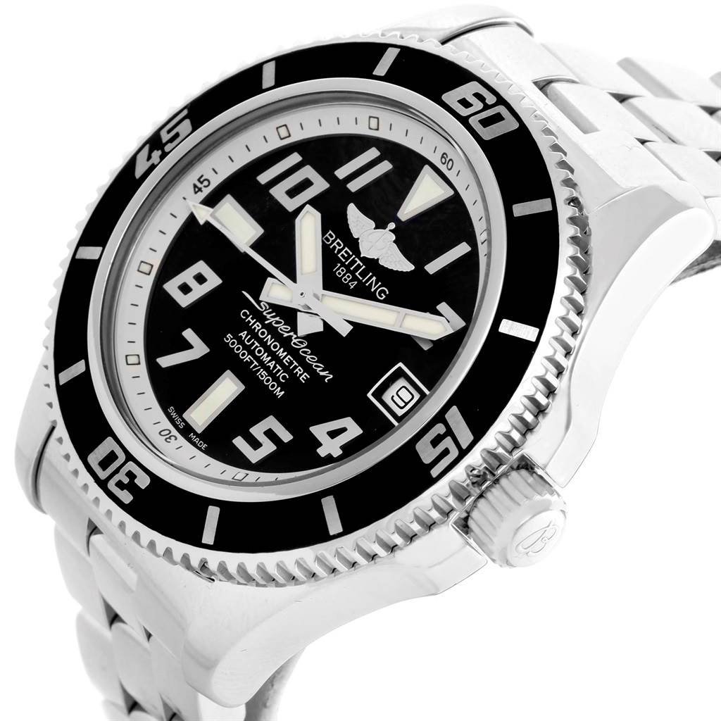 The image shows the front and right side view of the Breitling Superocean A17364 Men's Stainless Steel Black Dial A17364 Men's Stainless Steel Black Dial watch, highlighting its dial, bezel, and crown.