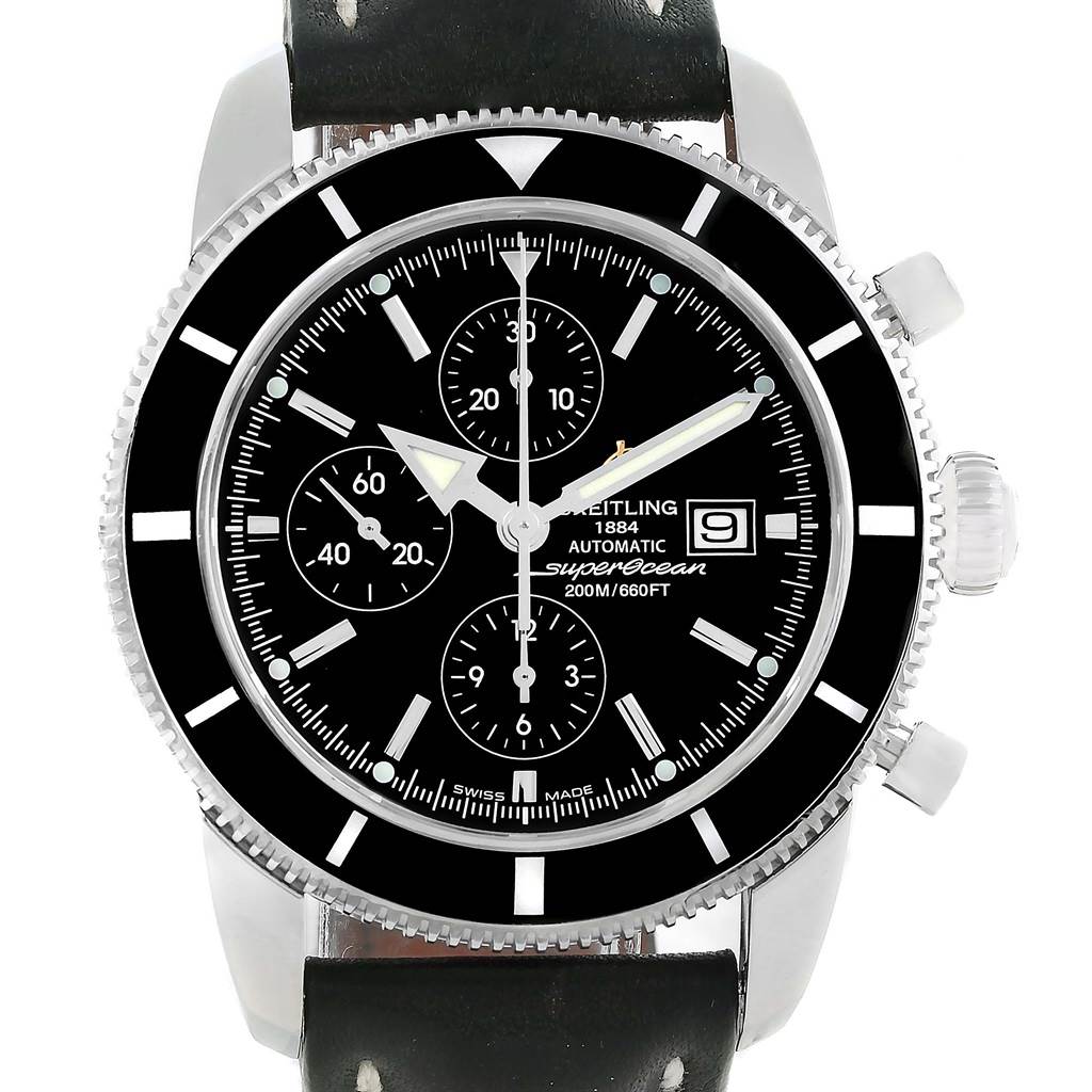 This image shows a front view of a Breitling Superocean A13320 Men's Stainless Steel Black Dial A13320 Men's Stainless Steel Black Dial watch displaying its dial, chronograph sub-dials, and date window.