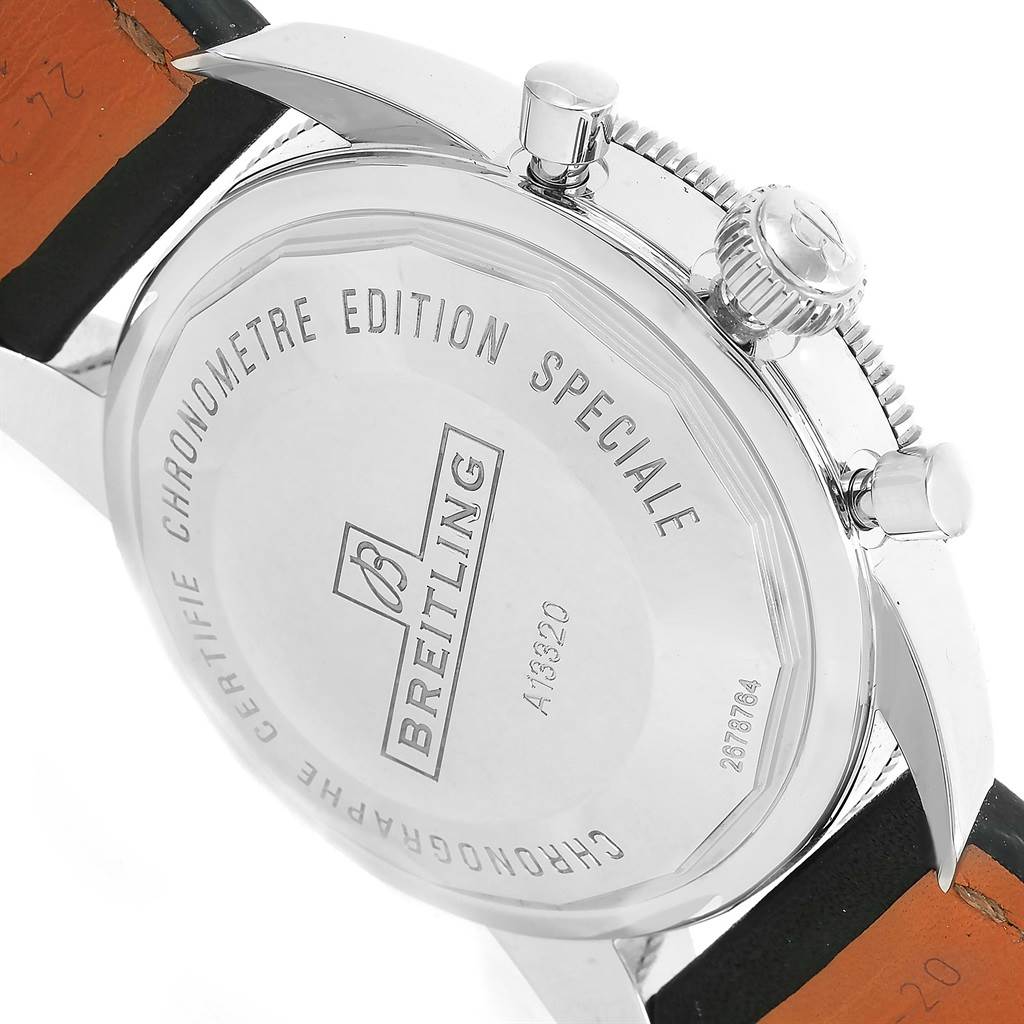 This is the back view of a Breitling Superocean A13320 Men's Stainless Steel Black Dial A13320 Men's Stainless Steel Black Dial watch, showing the case back and part of the watch strap.