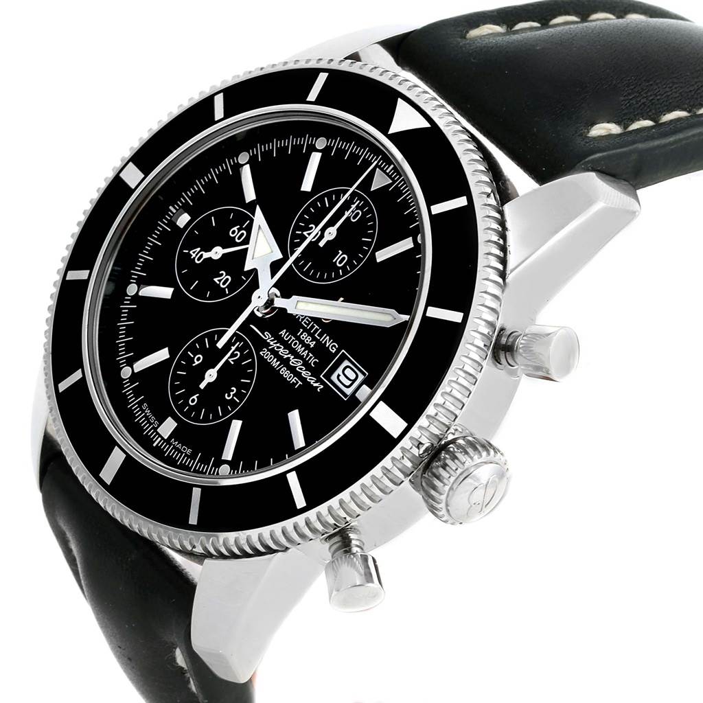 The Breitling Superocean A13320 Men's Stainless Steel Black Dial A13320 Men's Stainless Steel Black Dial watch is shown from a slight side angle, displaying its face, bezel, crown, pushers, and part of the strap.