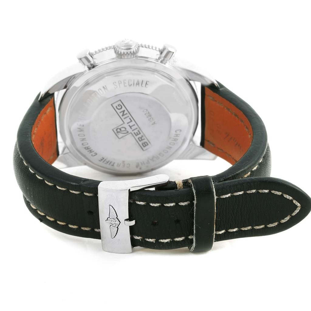 The image shows the back angle of a Breitling Superocean A13320 Men's Stainless Steel Black Dial A13320 Men's Stainless Steel Black Dial, highlighting the case back and leather strap with buckle.