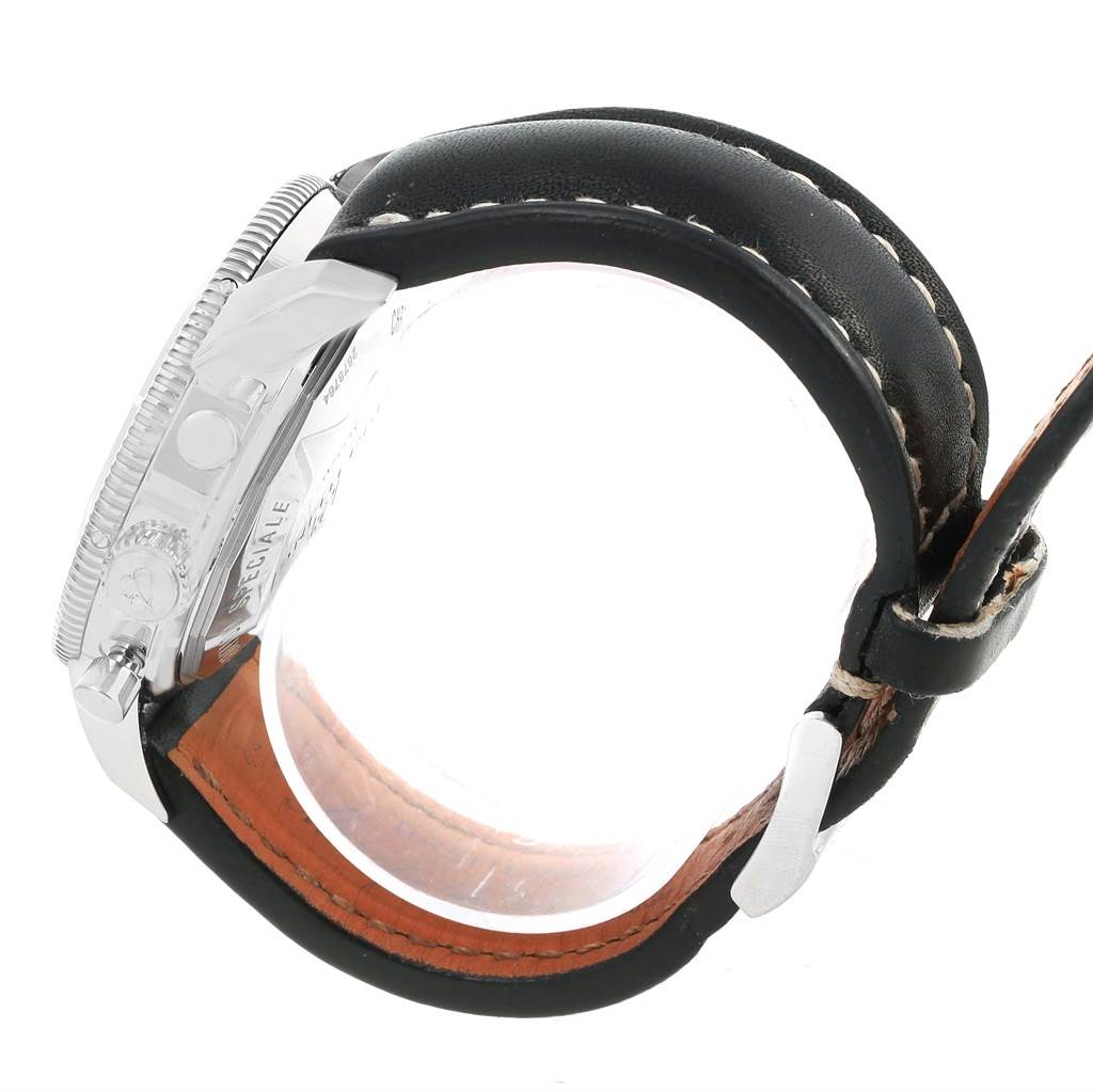 The side angle of the Breitling Superocean A13320 Men's Stainless Steel Black Dial A13320 Men's Stainless Steel Black Dial watch showcases its bezel, crown, and leather strap.