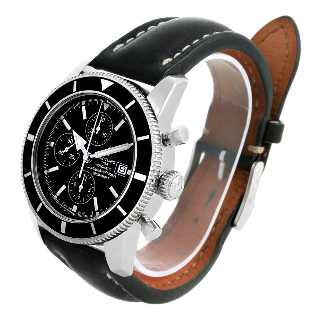 The image shows a Breitling Superocean A13320 Men's Stainless Steel Black Dial A13320 Men's Stainless Steel Black Dial watch at a three-quarter angle, highlighting its black dial, bezel, leather strap, and side pushers.