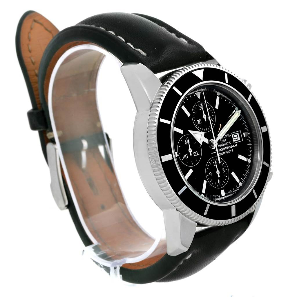The image shows a side and partial front view of the Breitling Superocean A13320 Men's Stainless Steel Black Dial A13320 Men's Stainless Steel Black Dial watch, highlighting its black dial and leather strap.