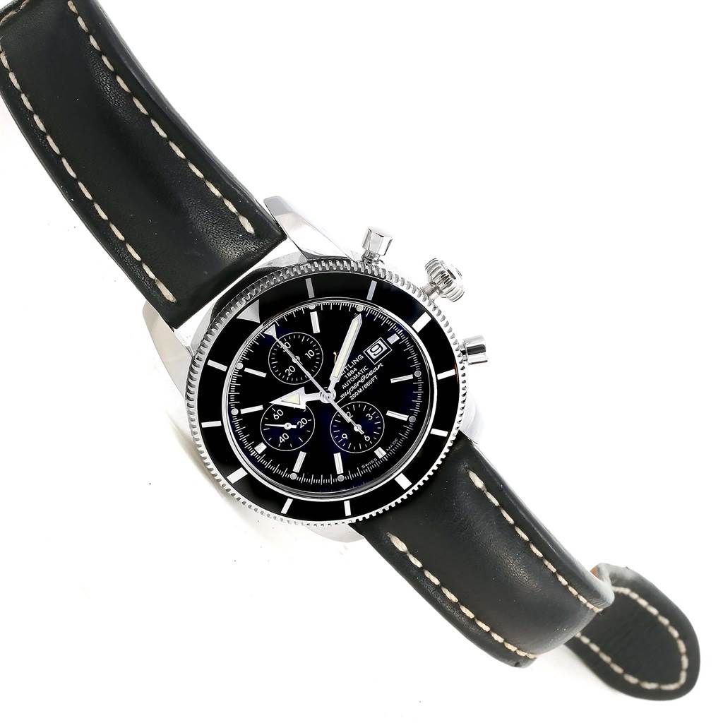 The Breitling Superocean A13320 Men's Stainless Steel Black Dial A13320 Men's Stainless Steel Black Dial watch is shown at an angled view, highlighting the dial, bezel, chronograph subdials, and leather strap.