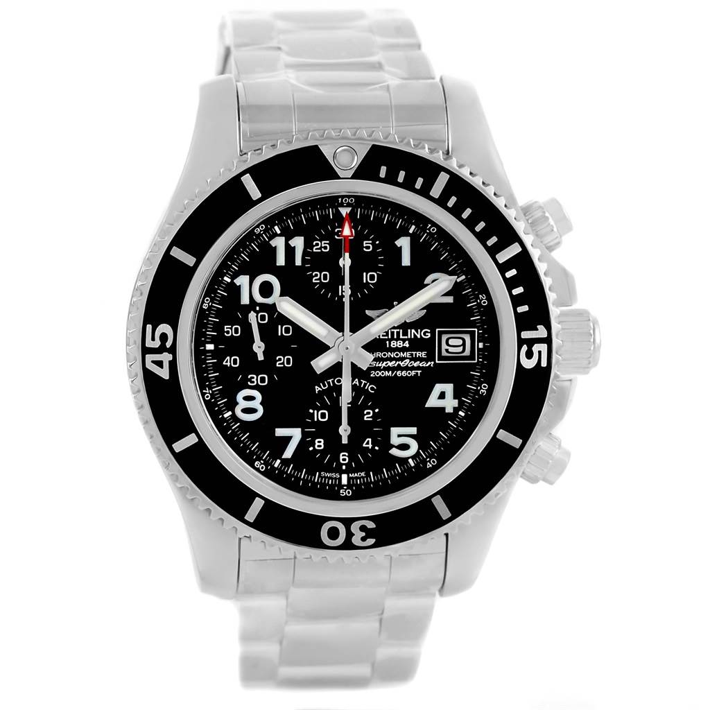 This image shows a front view of the Breitling Superocean A13311C9/BE93-161A Men's Stainless Steel Black Dial A13311C9/BE93-161A Men's Stainless Steel Black Dial watch, highlighting its dial, bezel, and metal bracelet.