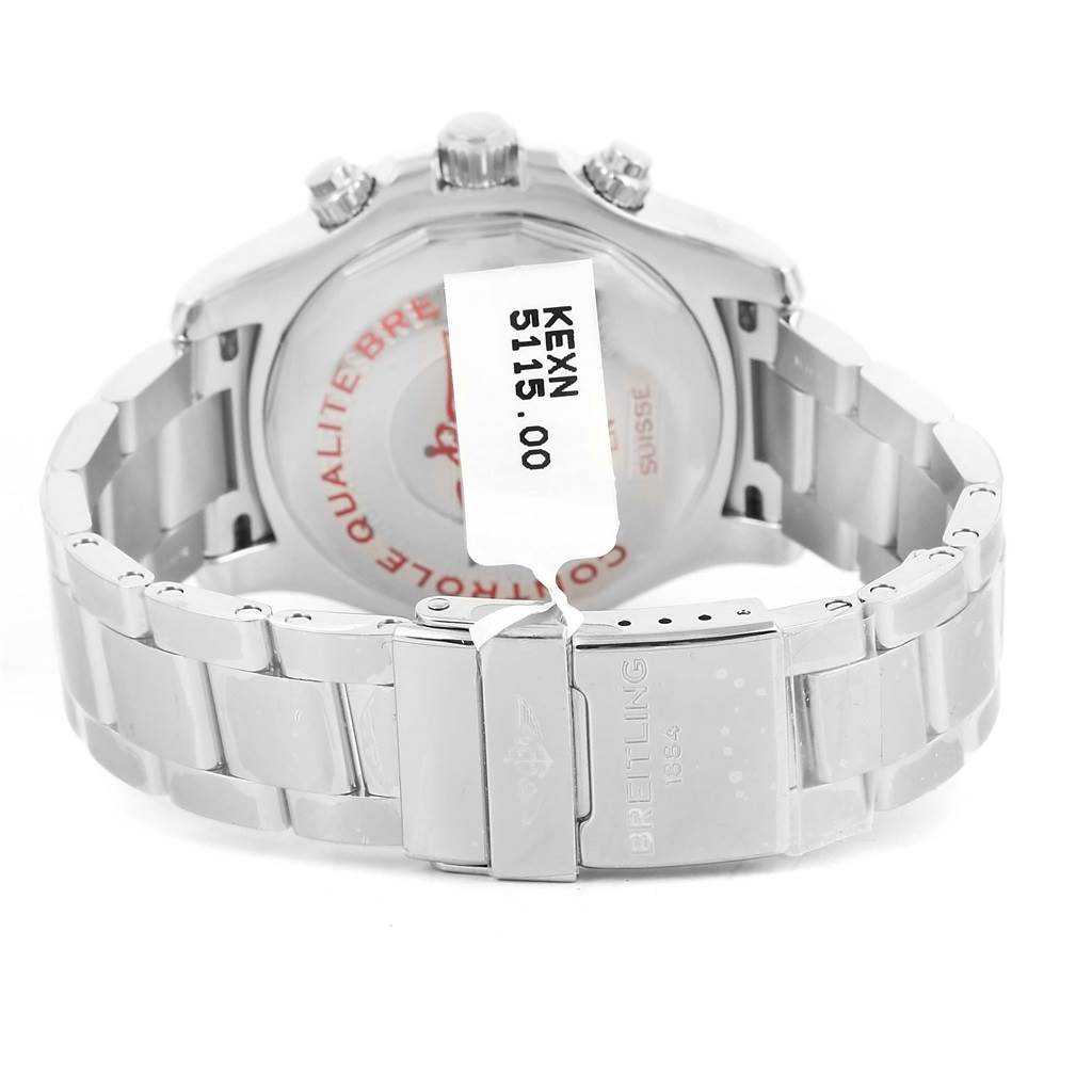 The image shows the back view of the Breitling Superocean A13311C9/BE93-161A Men's Stainless Steel Black Dial A13311C9/BE93-161A Men's Stainless Steel Black Dial watch, focusing on the bracelet and clasp with the price tag attached.