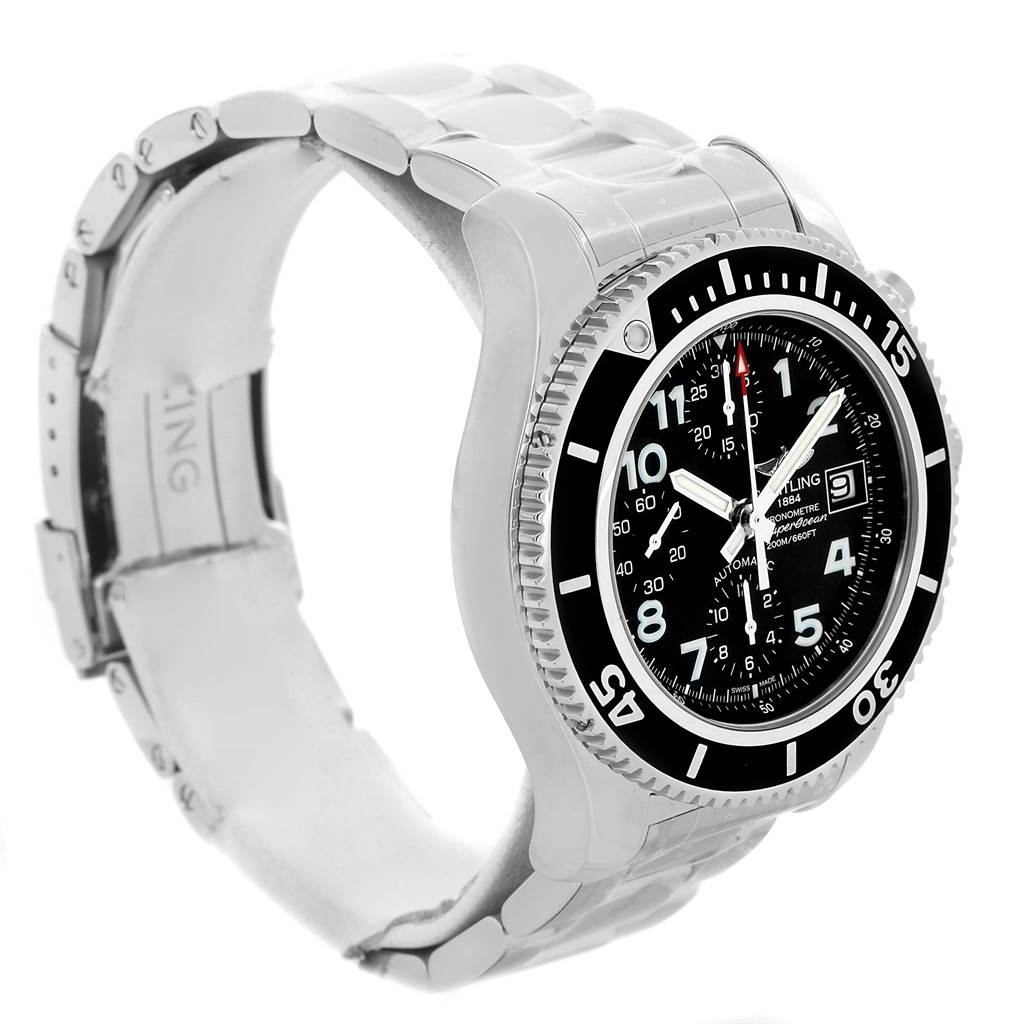 The Breitling Superocean A13311C9/BE93-161A Men's Stainless Steel Black Dial A13311C9/BE93-161A Men's Stainless Steel Black Dial watch is shown from an angled side view, displaying the bezel, dial, and stainless steel bracelet.