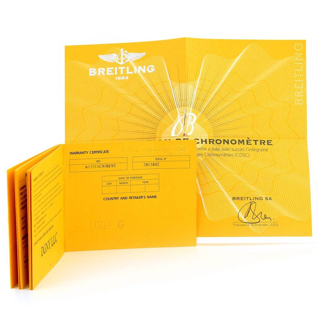 The image shows the warranty certificate and accompanying booklet for a Breitling Superocean A13311C9/BE93-161A Men's Stainless Steel Black Dial A13311C9/BE93-161A Men's Stainless Steel Black Dial watch.