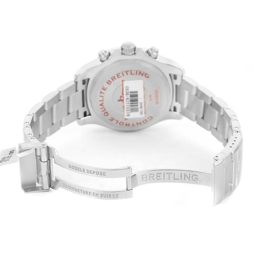 This Breitling Superocean A13311C9/BE93-161A Men's Stainless Steel Black Dial A13311C9/BE93-161A Men's Stainless Steel Black Dial watch is shown from the back, focusing on the open clasp and bracelet.