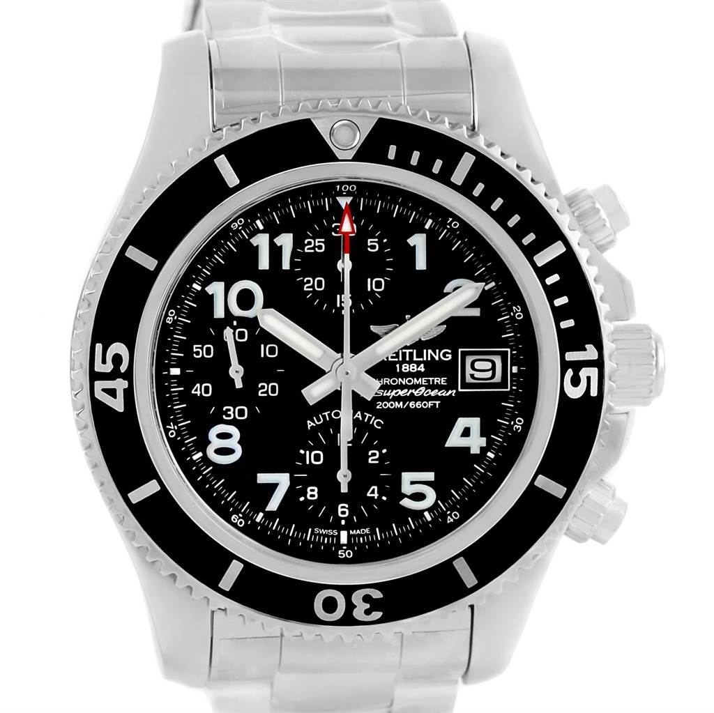 The image shows a front view of the Breitling Superocean A13311C9/BE93-161A Men's Stainless Steel Black Dial A13311C9/BE93-161A Men's Stainless Steel Black Dial watch, displaying the dial, bezel, and bracelet.