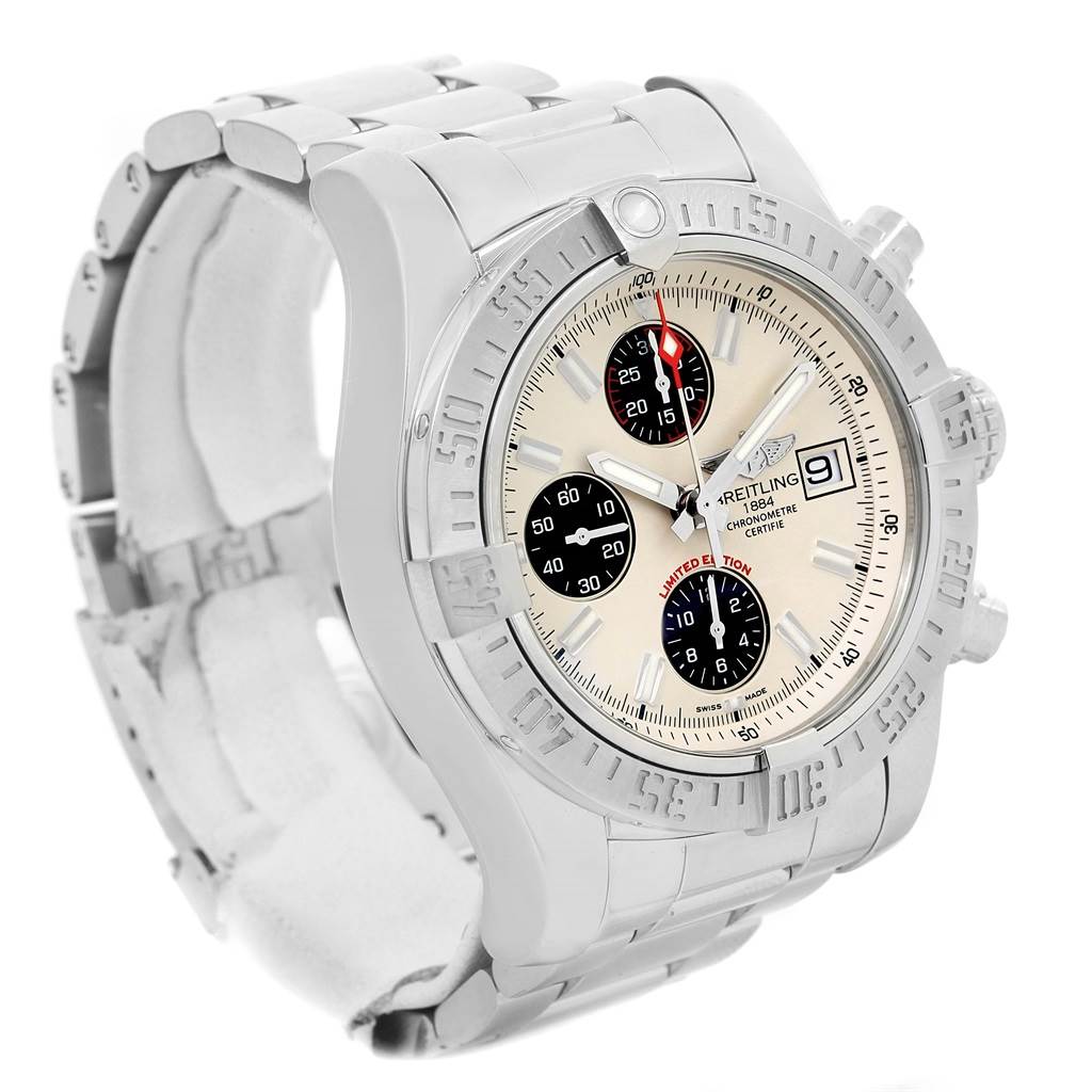 The Breitling Avenger A13381 Men's Stainless Steel White Dial A13381 Men's Stainless Steel White Dial watch is shown at a slight side angle, highlighting its bezel, dial, subdials, and bracelet.