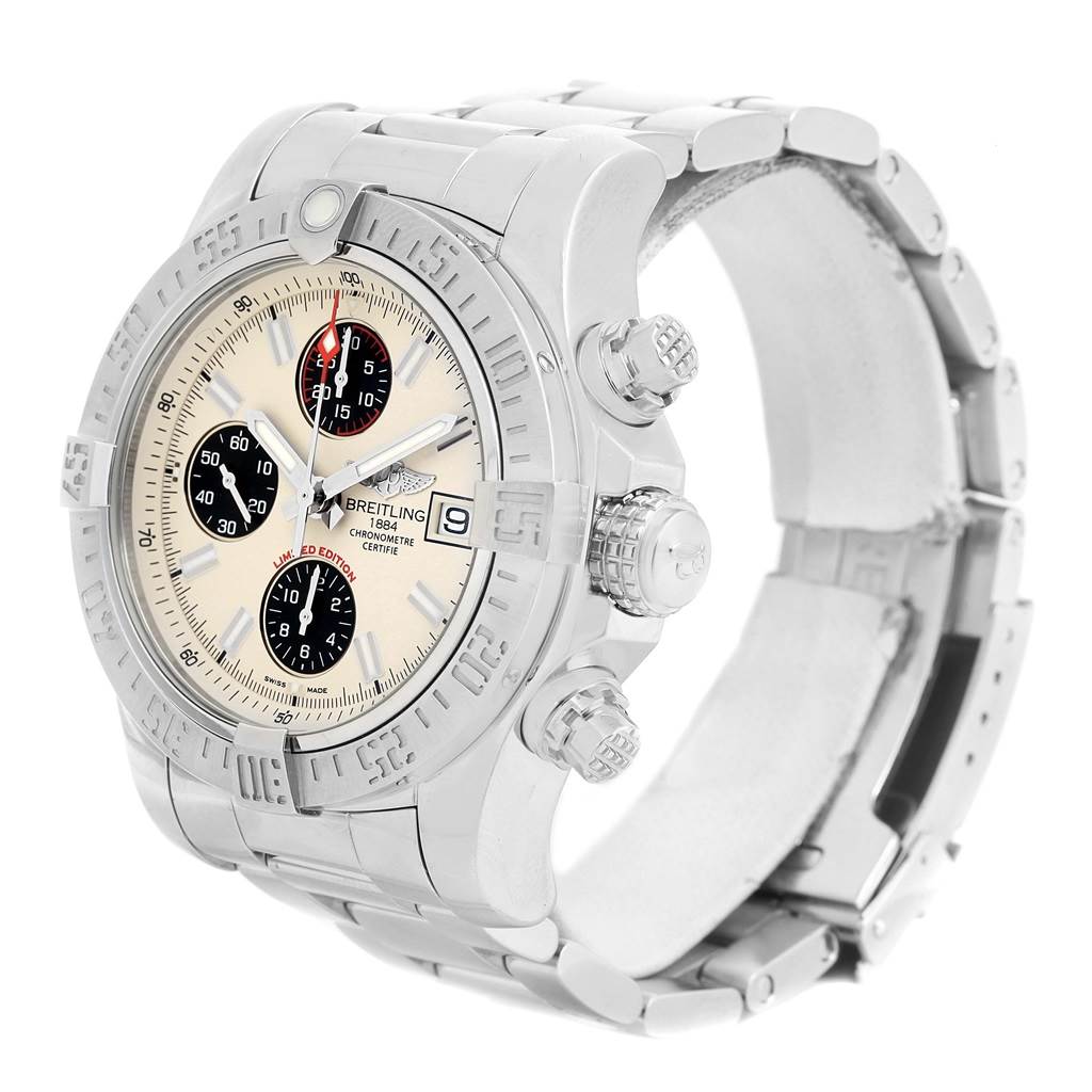 The image shows a Breitling Avenger A13381 Men's Stainless Steel White Dial A13381 Men's Stainless Steel White Dial watch from an angled side view, displaying the dial, crown, and chronograph pushers.