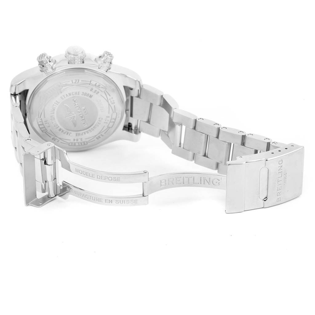 The image shows the Breitling Avenger A13381 Men's Stainless Steel White Dial A13381 Men's Stainless Steel White Dial watch's back case and partially opened metal bracelet.