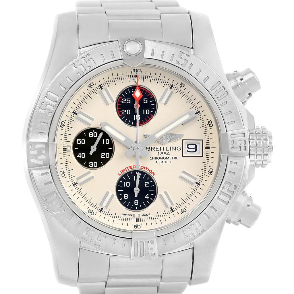 The image shows a front view of the Breitling Avenger A13381 Men's Stainless Steel White Dial A13381 Men's Stainless Steel White Dial watch, highlighting its dial, chronograph sub-dials, and steel bracelet.