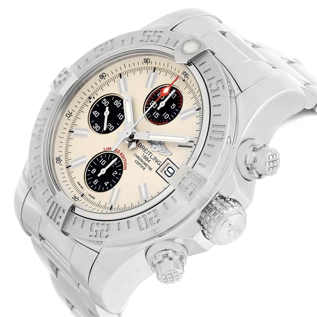 The image shows a Breitling Avenger A13381 Men's Stainless Steel White Dial A13381 Men's Stainless Steel White Dial watch at an angled side view, highlighting the bezel, crown, push-buttons, and dial with chronographs.