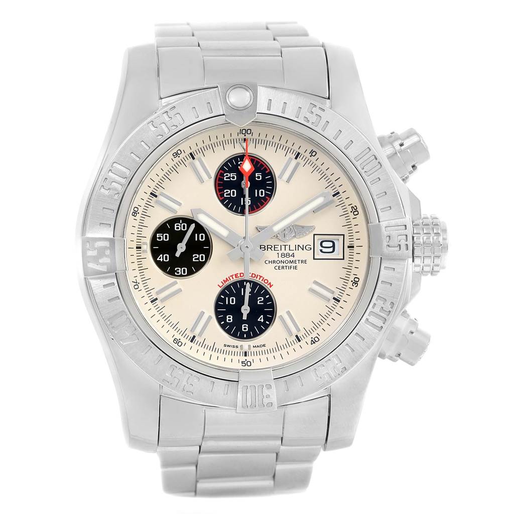 The image shows a frontal view of a Breitling Avenger A13381 Men's Stainless Steel White Dial A13381 Men's Stainless Steel White Dial watch, highlighting its dial, bezel, and chronograph functions.