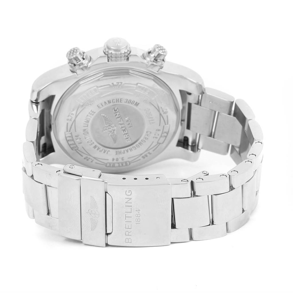 The image shows the back view of a Breitling Avenger A13381 Men's Stainless Steel White Dial A13381 Men's Stainless Steel White Dial watch, highlighting its bracelet and clasp.