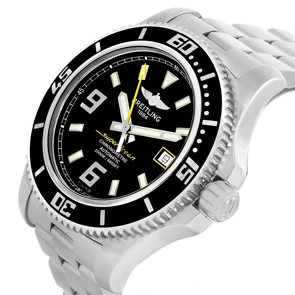 The image shows a Breitling Superocean A17391 Men's Stainless Steel Black Dial A17391 Men's Stainless Steel Black Dial watch at an angled close-up, highlighting the bezel, dial, and part of the bracelet.