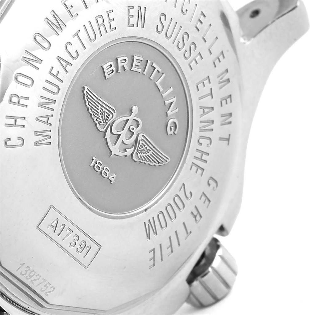 The image shows the back case of a Breitling Superocean A17391 Men's Stainless Steel Black Dial A17391 Men's Stainless Steel Black Dial watch, highlighting the engraving and branding details.