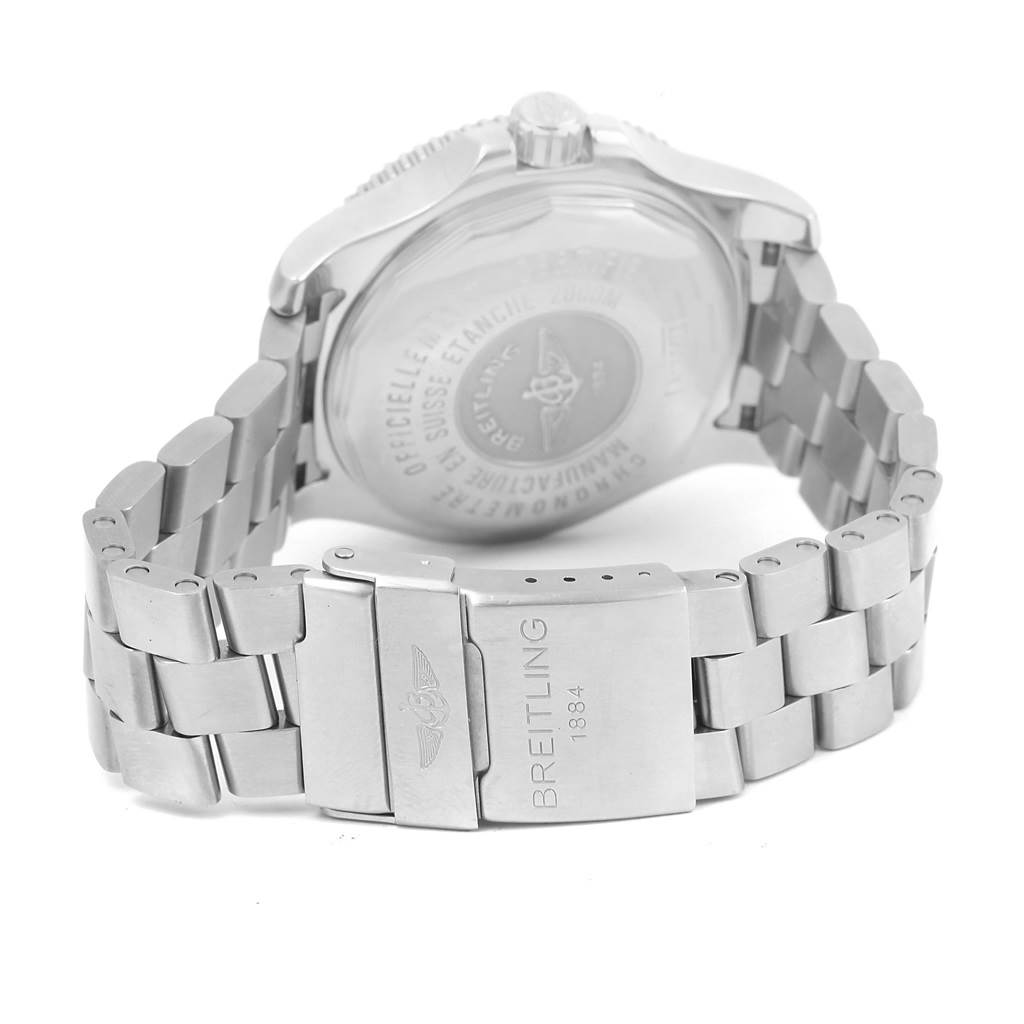 The image shows the back case and closed stainless steel bracelet of a Breitling Superocean A17391 Men's Stainless Steel Black Dial A17391 Men's Stainless Steel Black Dial watch from an angled rear view.