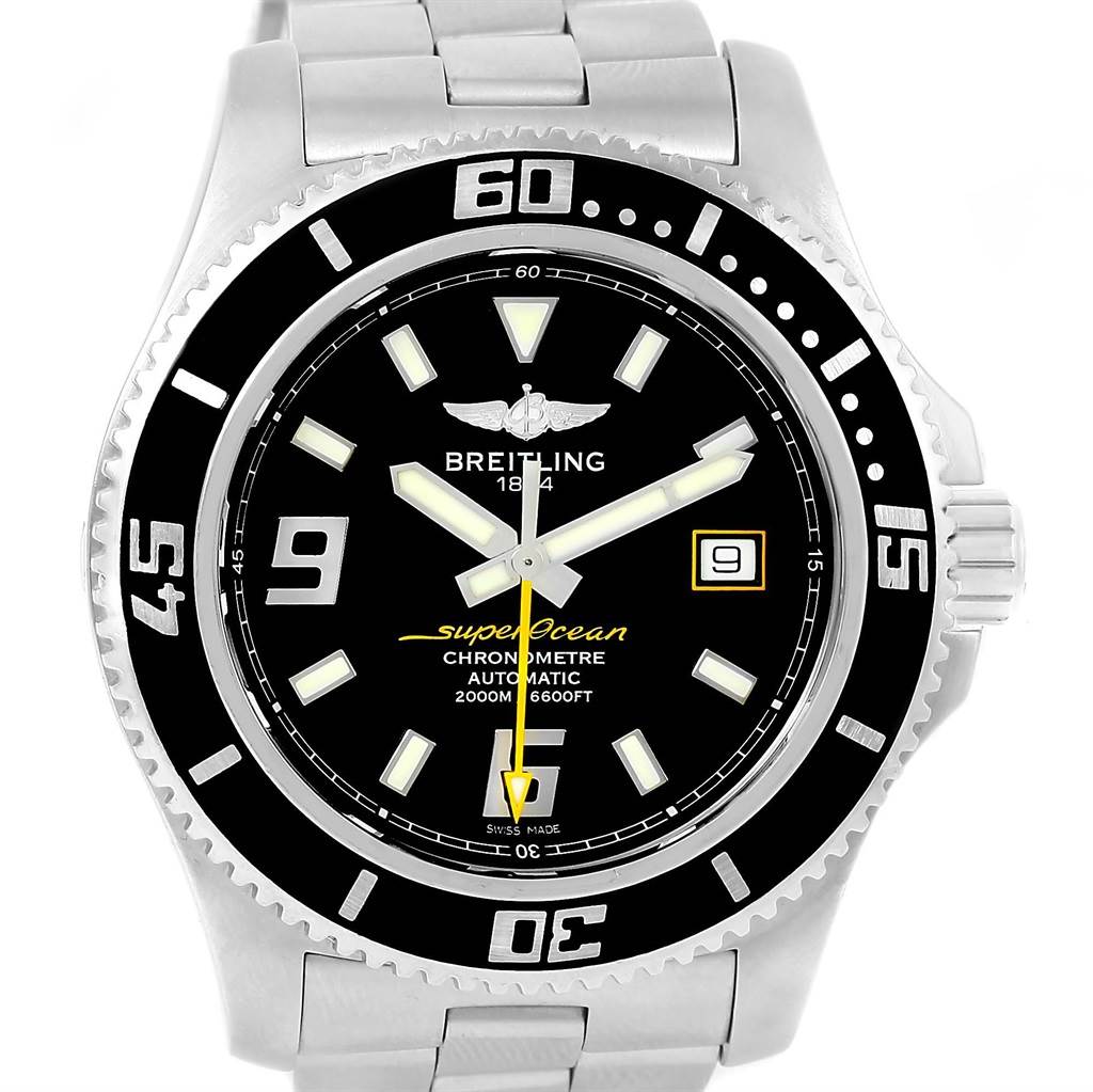The image shows a front view of the Breitling Superocean A17391 Men's Stainless Steel Black Dial A17391 Men's Stainless Steel Black Dial watch, highlighting the dial, bezel, hands, date display, and part of the bracelet.