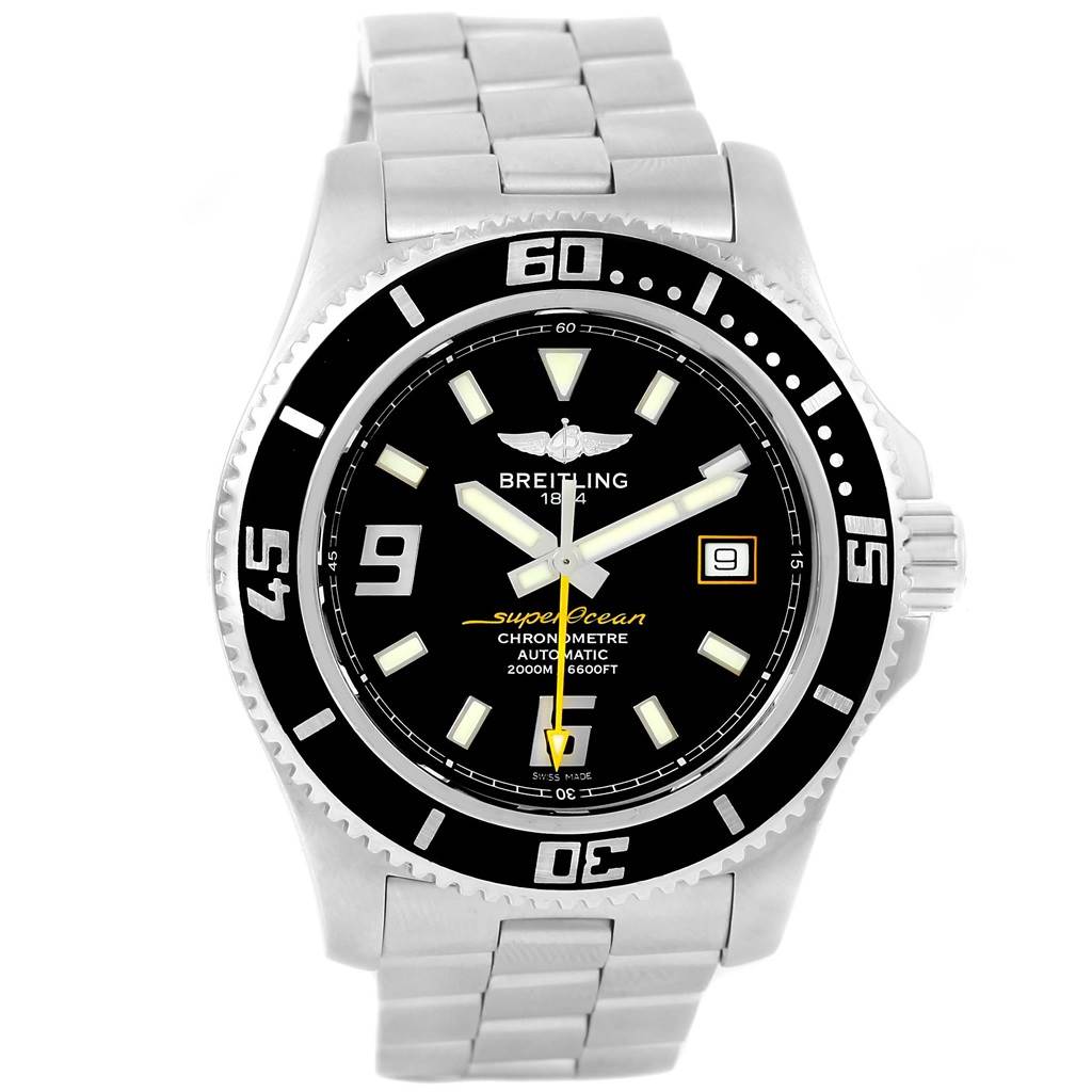 The Breitling Superocean A17391 Men's Stainless Steel Black Dial A17391 Men's Stainless Steel Black Dial watch is shown from a front angle, highlighting its dial, bezel, and bracelet.