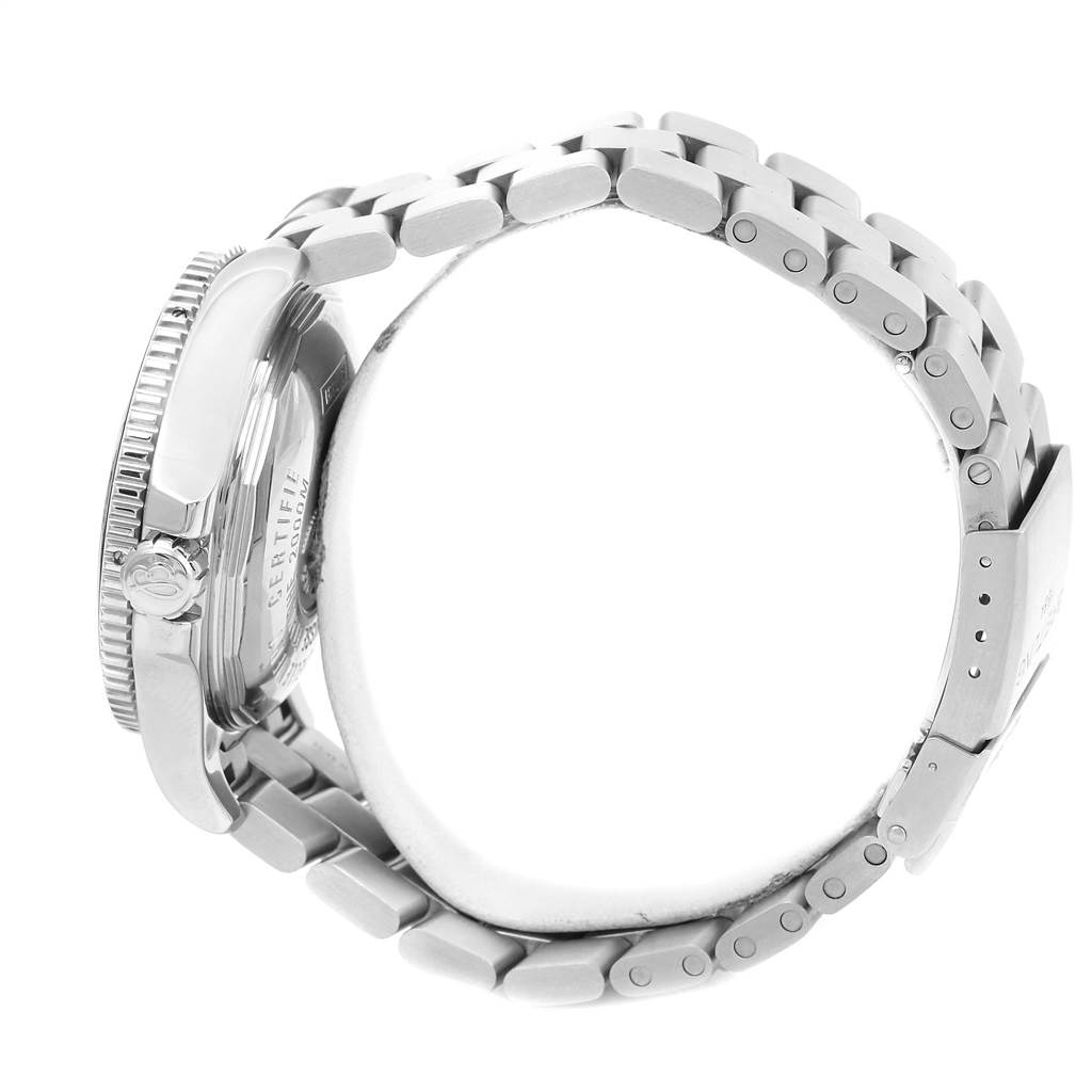 The image shows a side view of a Breitling Superocean A17391 Men's Stainless Steel Black Dial A17391 Men's Stainless Steel Black Dial watch, highlighting the case, crown, and metal bracelet.