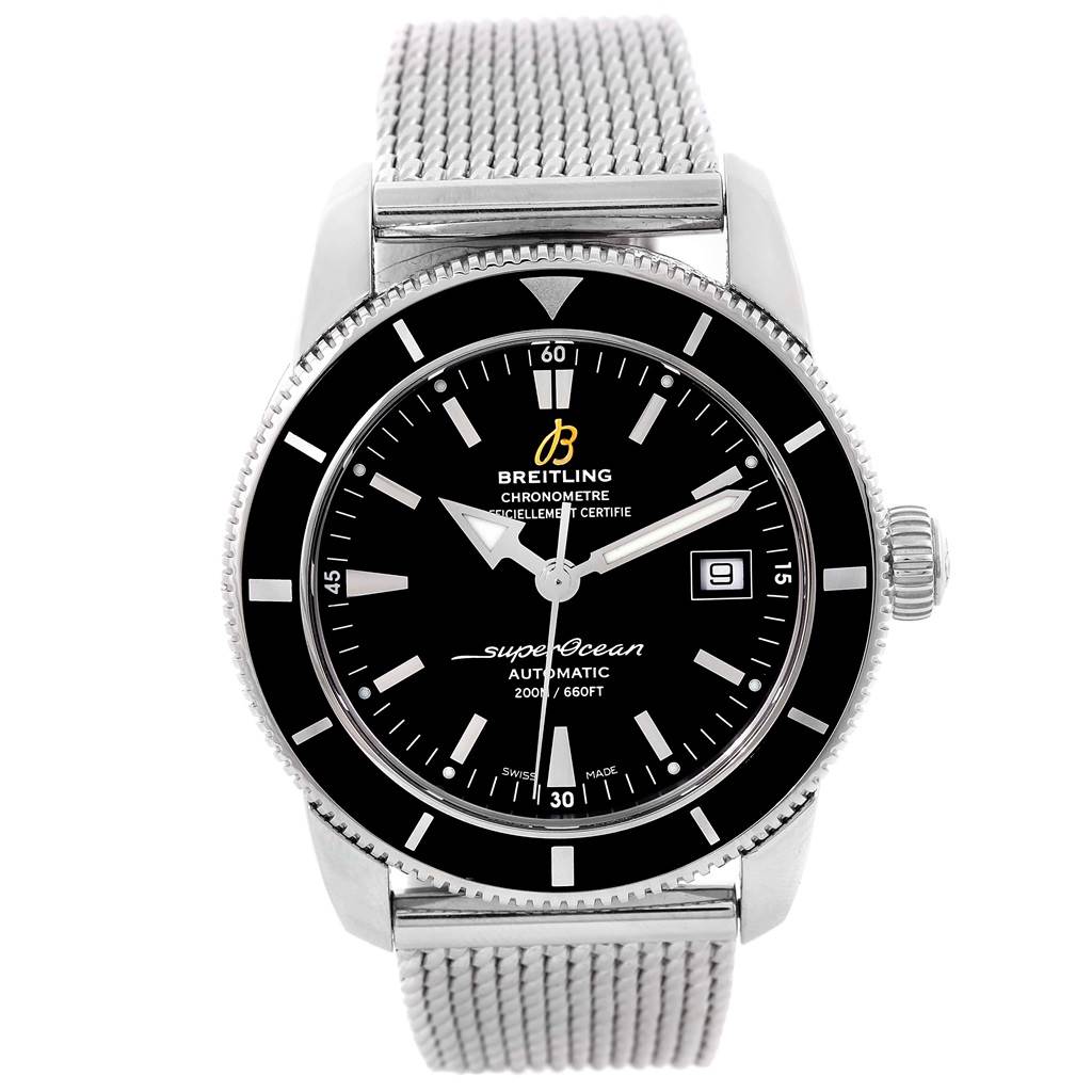 The image shows a front view of the Breitling Superocean A17320 Men's Stainless Steel Black Dial A17320 Men's Stainless Steel Black Dial watch, highlighting its black dial, bezel, and stainless steel mesh strap.
