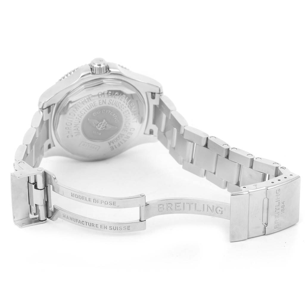 The image shows the backside and clasp of a Breitling Superocean A17364 Men's Stainless Steel Black Dial A17364 Men's Stainless Steel Black Dial watch from a partially opened angle.