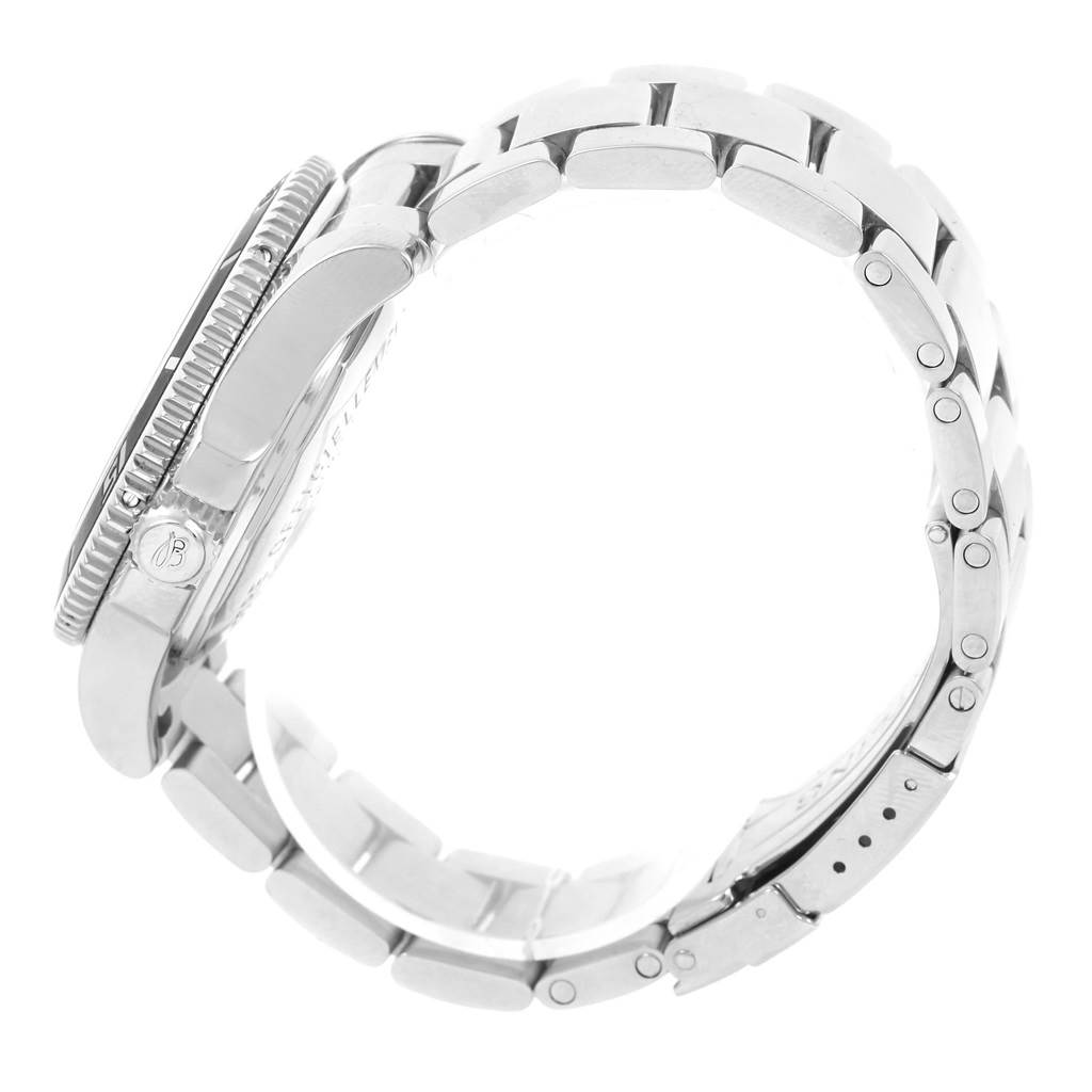 The image shows a side view of the Breitling Superocean A17364 Men's Stainless Steel Black Dial A17364 Men's Stainless Steel Black Dial watch, highlighting its stainless steel case, crown, and bracelet links.