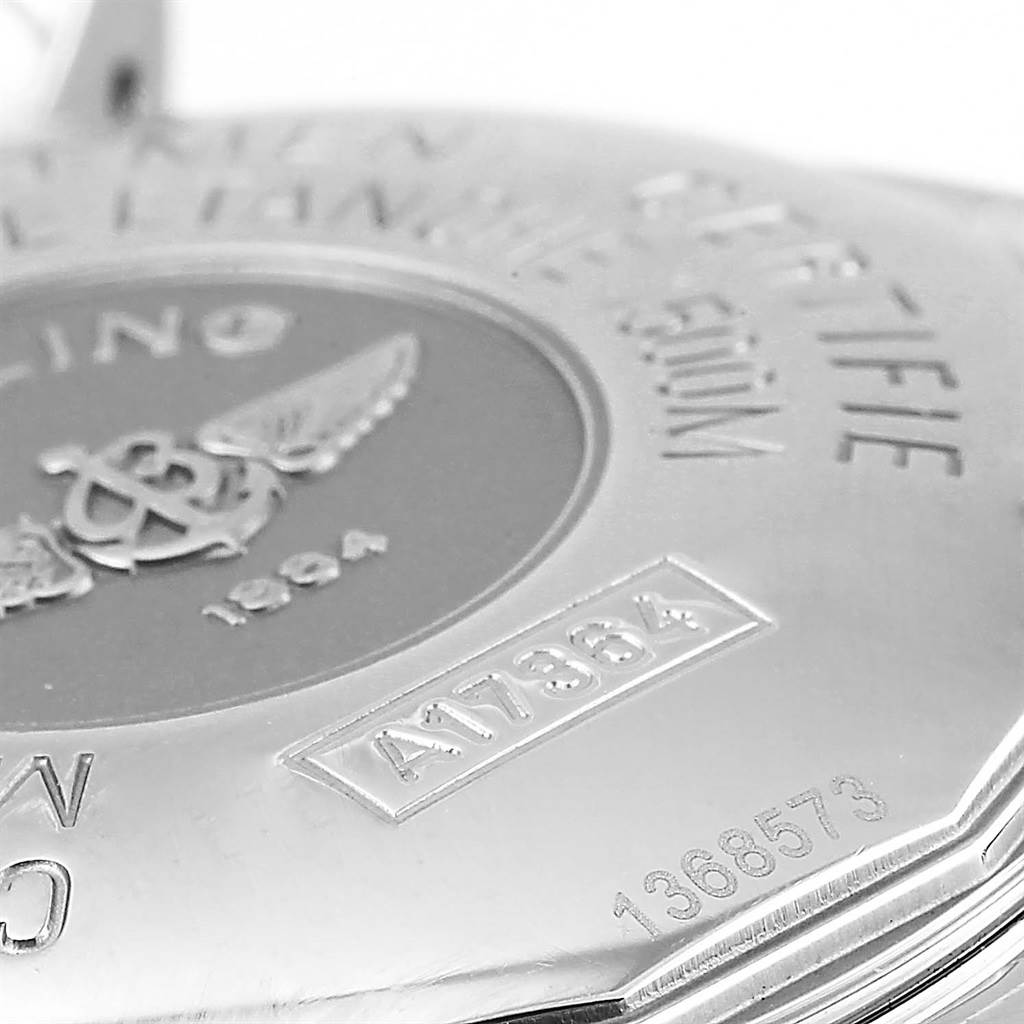 The image shows the case back of a Breitling Superocean A17364 Men's Stainless Steel Black Dial A17364 Men's Stainless Steel Black Dial watch, highlighting engraved model and serial numbers.