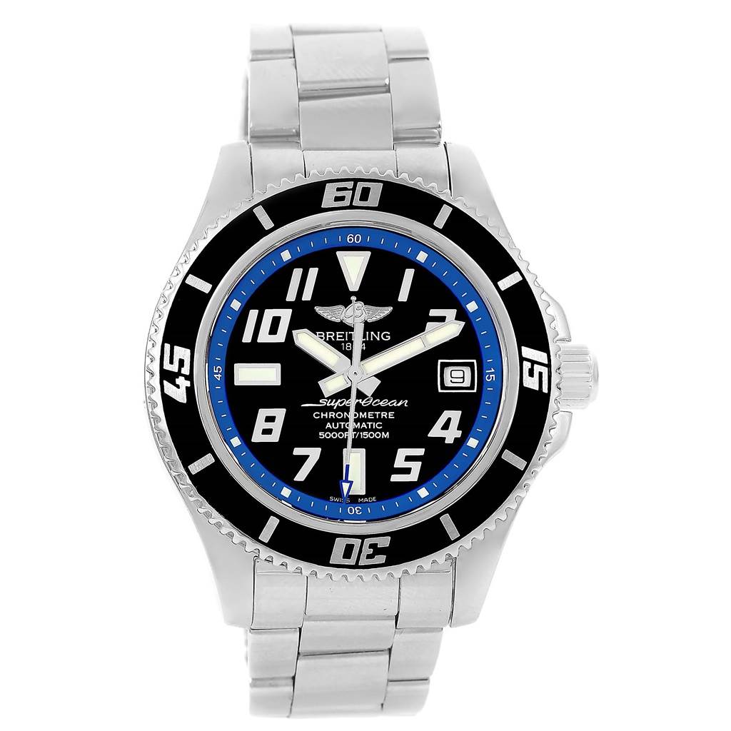 The image shows a frontal view of a Breitling Superocean A17364 Men's Stainless Steel Black Dial A17364 Men's Stainless Steel Black Dial watch, displaying its bezel, dial, hands, and bracelet.