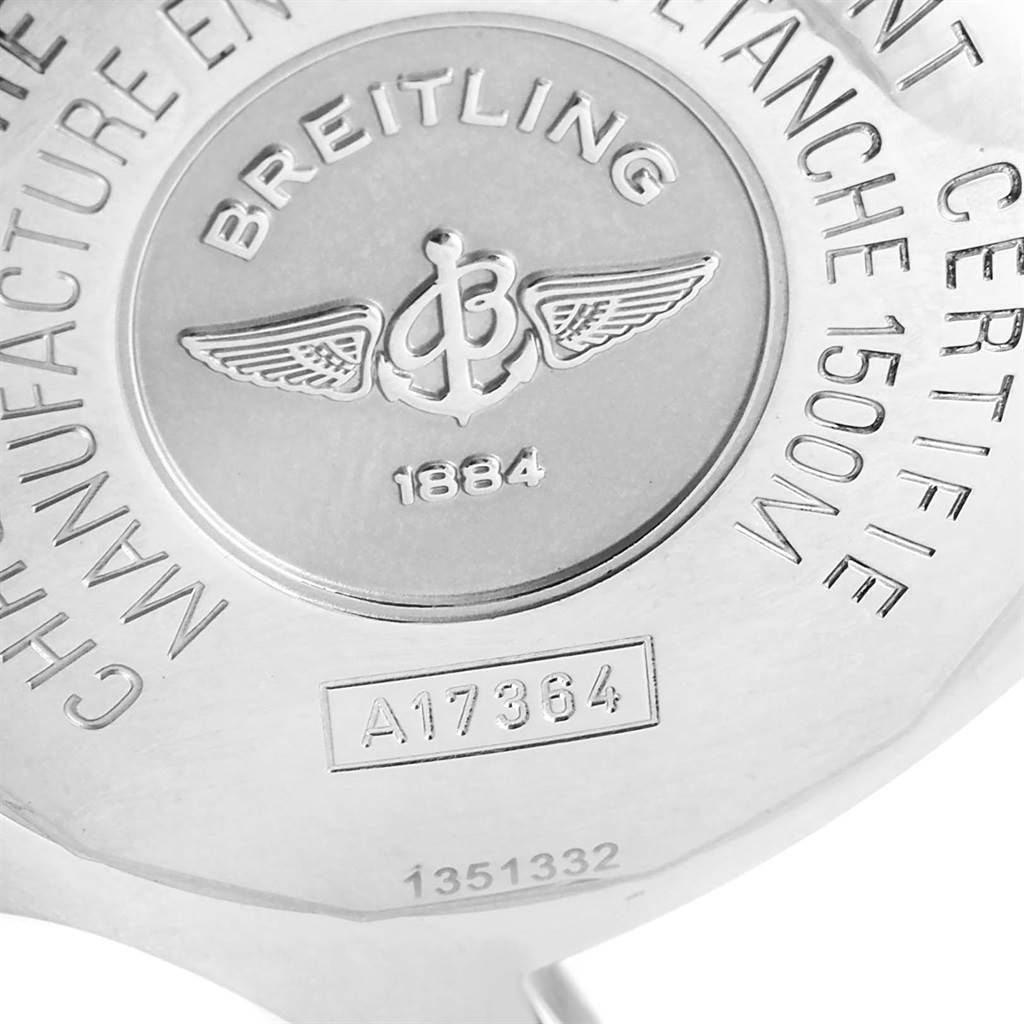 The image shows the back casing of a Breitling Superocean A17364 Men's Stainless Steel Black Dial A17364 Men's Stainless Steel Black Dial watch from a close-up angle, including its logo and model number.