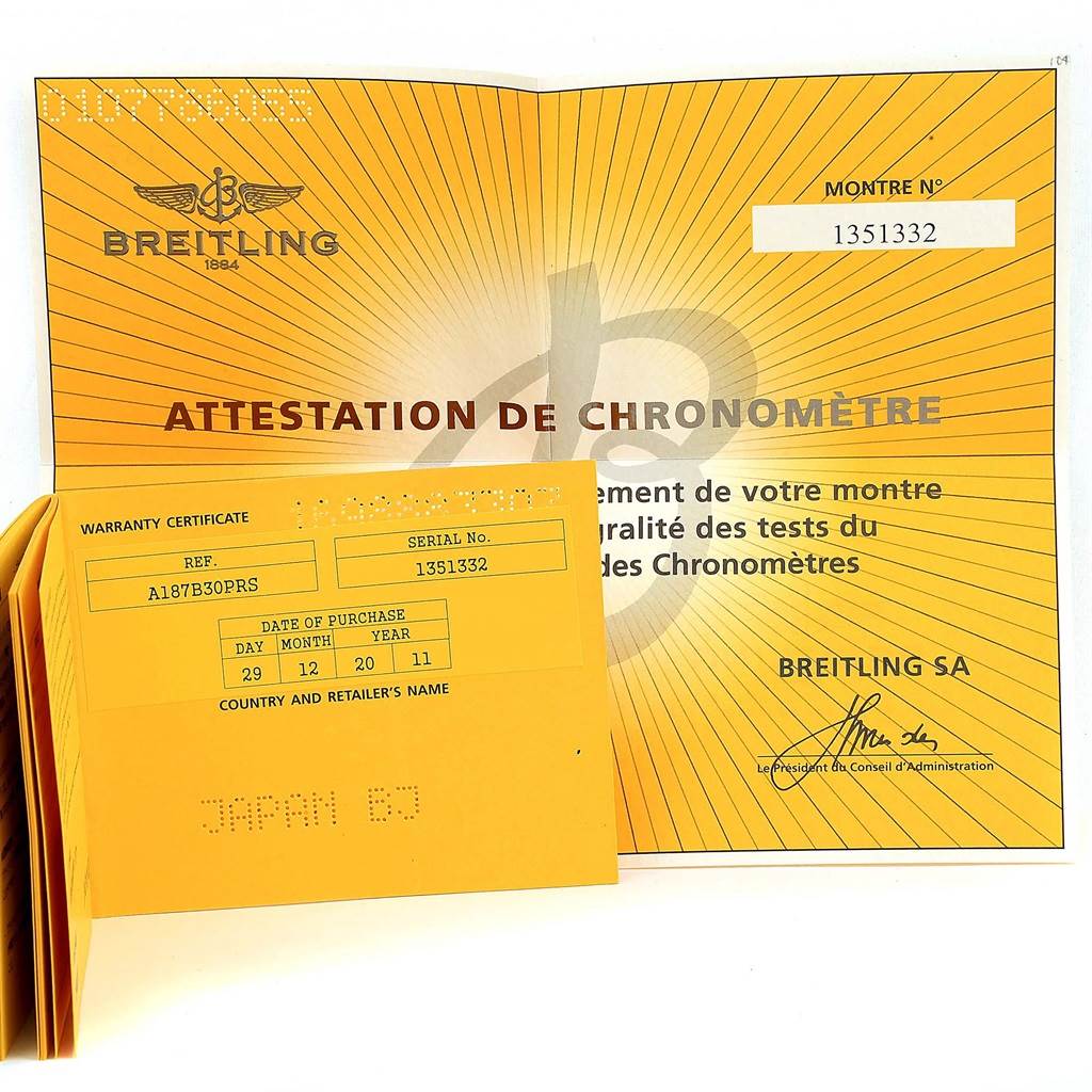 The image shows the warranty certificate and chronometer attestation for a Breitling Superocean A17364 Men's Stainless Steel Black Dial A17364 Men's Stainless Steel Black Dial watch.